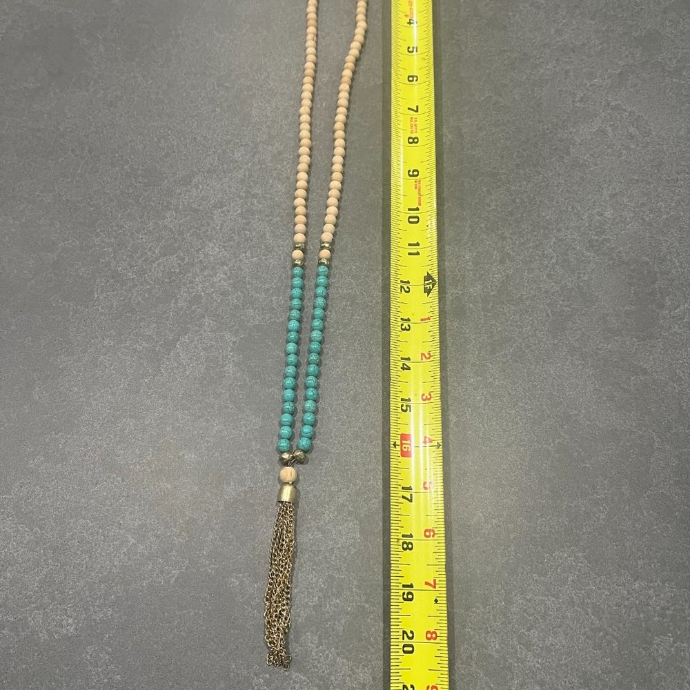 Turquoise and Cream beaded necklace with gold tassel